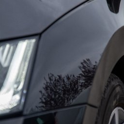 ISS - Studio Auto Detailingu Kevin Kaczmarek - Fragment czarnego samochodu z widocznym reflektorem, oponą i odbiciem drzewa na karoserii.