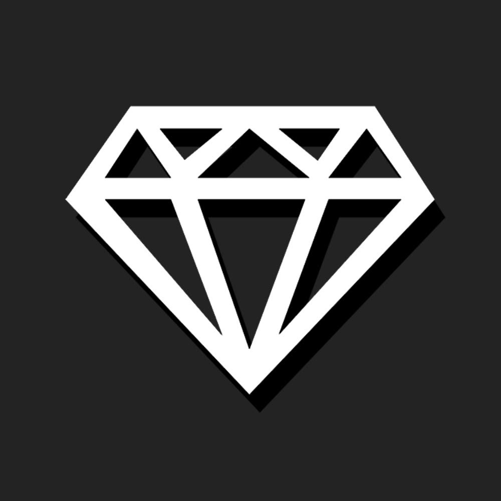 Stylizowany biały diament z cieniem na ciemnoszarym tle.