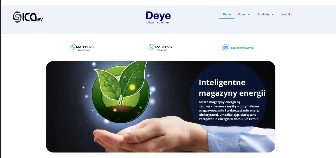 Strona internetowa firmy Deye z grafiką dłoni trzymającej symbol energii odnawialnej w postaci zielonych liści i hasłem 'Inteligentne magazyny energii'.