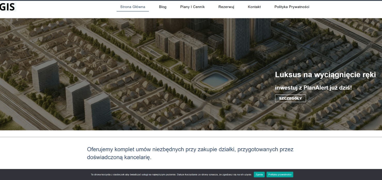 Wizualizacja 3D osiedla mieszkaniowego z domami jednorodzinnymi i wysokimi apartamentowcami, widok z lotu ptaka, zintegrowana z interfejsem strony internetowej.