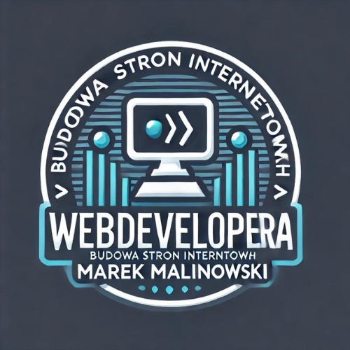 Logo web developera Marka Malinowskiego z komputerem, strzałkami i napisem 'Budowa stron internetowych' w okrągłej ramce na ciemnoszarym tle.