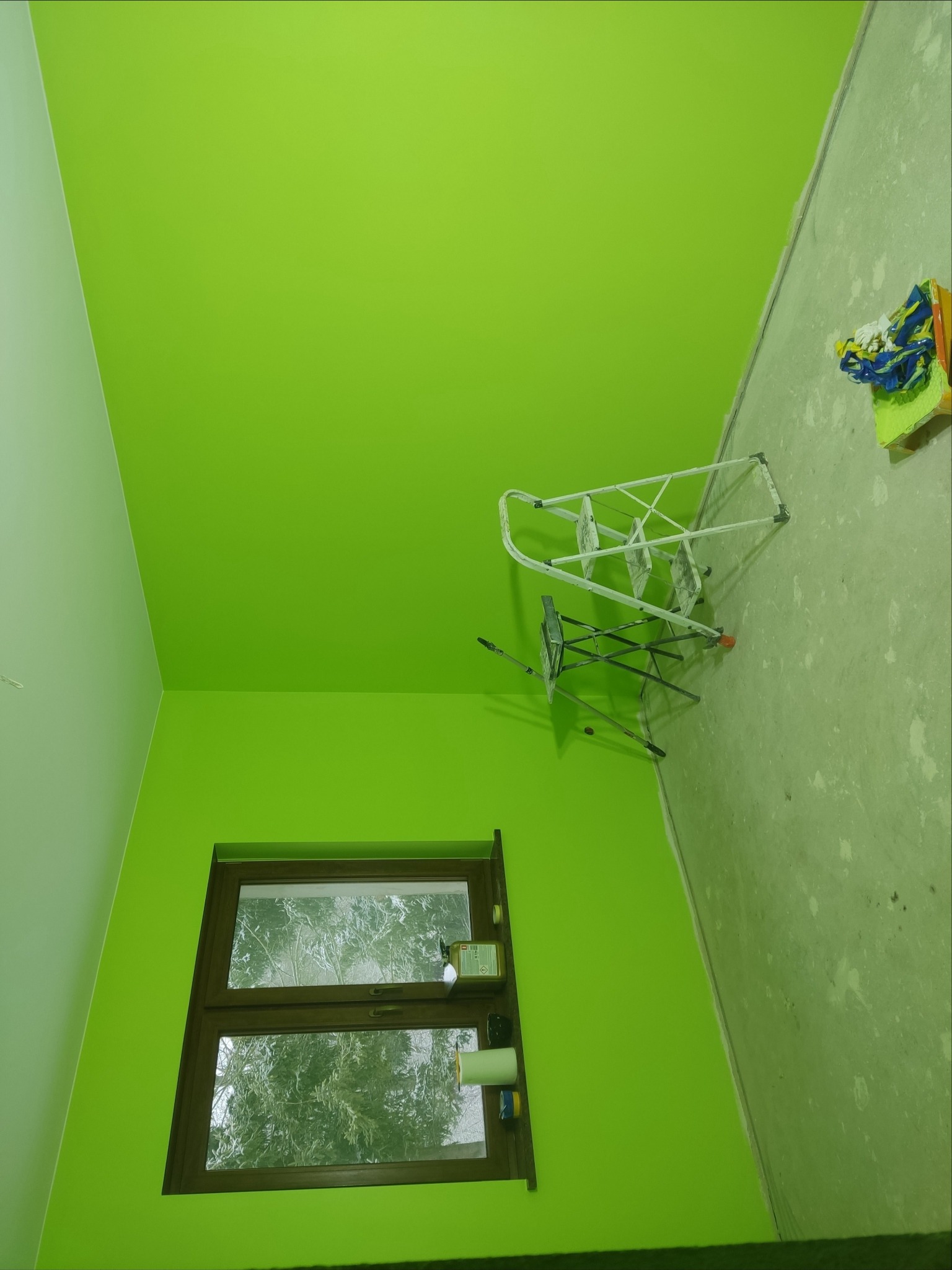 Świeżo pomalowane na zielono wnętrze, widoczne dwie drabiny, okno z widokiem na drzewa i niedomalowana ściana w tle.