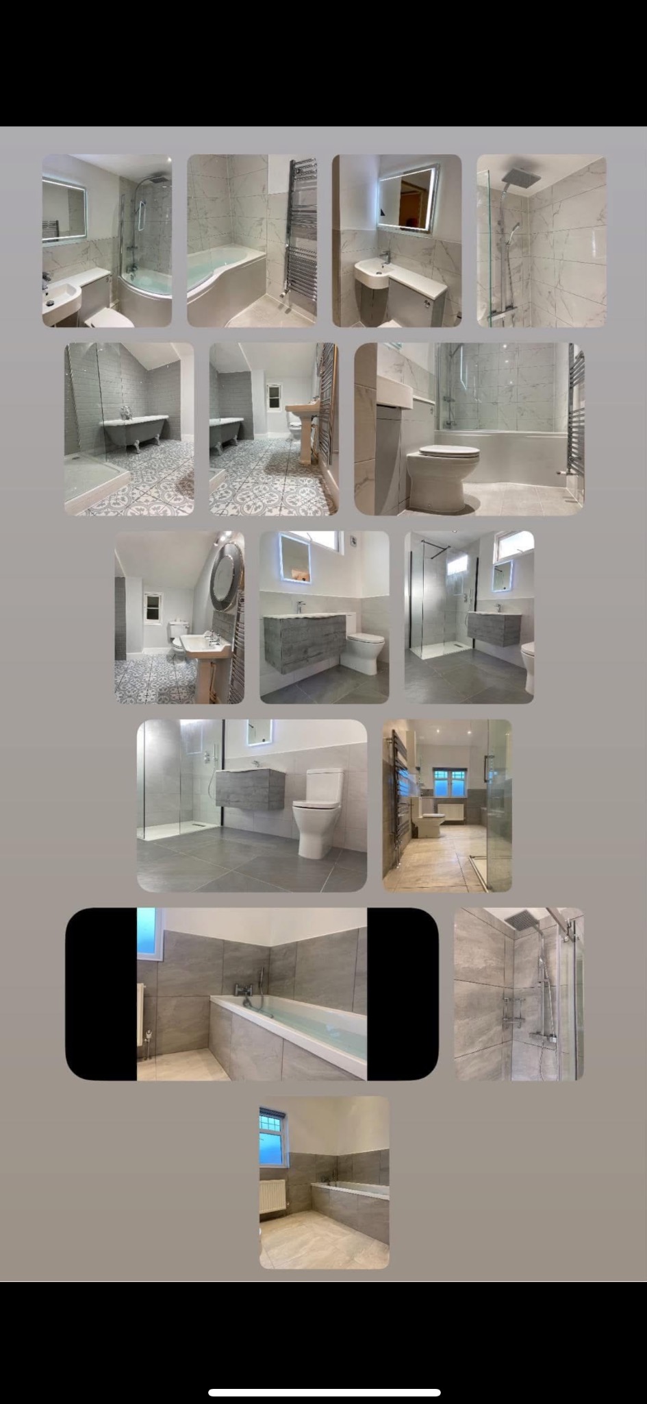 Kompilacja zdjęć prezentująca różne aranżacje łazienek w szaro-białej kolorystyce. Widoczne wanny, kabiny prysznicowe, umywalki, toalety i grzejniki.