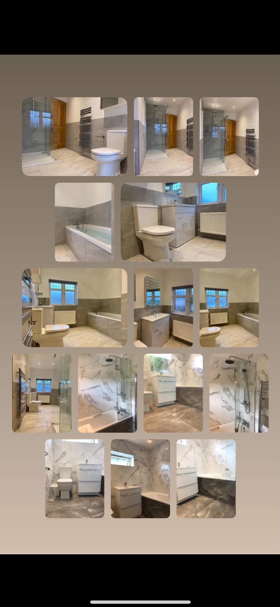 Kolaż zdjęć wyremontowanej łazienki: kabina prysznicowa ze szklaną ścianką, toaleta, umywalka z szafką, grzejnik drabinkowy, wanna obudowana płytkami, okno.