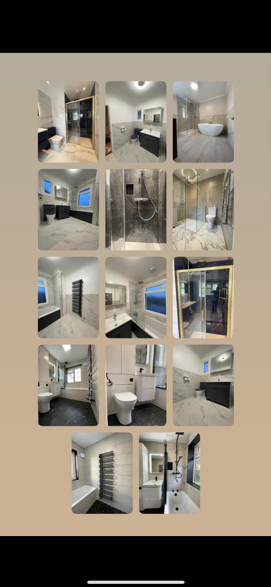 Kompilacja zdjęć łazienek po remoncie: kabiny prysznicowe ze złotymi ramami, marmurowe płytki, nowoczesne umywalki, grzejniki drabinkowe, czarne akcenty.