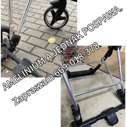 PMD-Design Sp. z o.o. - Fragment wózka dziecięcego z widocznym spawem na metalowej ramie, prezentujący naprawę lub modyfikację konstrukcji.