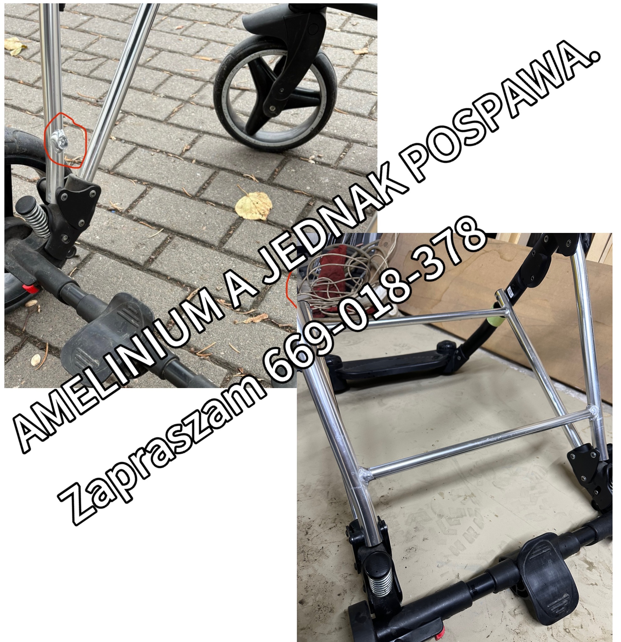 Fragment wózka dziecięcego z widocznym spawem na metalowej ramie, prezentujący naprawę lub modyfikację konstrukcji.