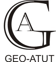 Logo firmy GEO-ATUT: stylizowana litera G otaczająca literę A, poniżej nazwa firmy. Czarno-biała grafika z wyraźnym, prostym fontem.