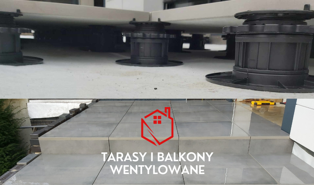 Montaż tarasu wentylowanego: widok na regulowane wsporniki pod płytami oraz ułożone szare płytki tarasowe z fugami, częściowo zasłonięte logo i napisem 'Tarasy i Balkony Wentylowane'.