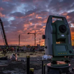 Teodolit na statywie na placu budowy o zmierzchu, w tle widoczna pompa do betonu i pracownicy budowlani, niebo z pomarańczowymi chmurami.