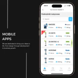 Ekran smartfona prezentujący interfejs aplikacji mobilnej do wynajmu podnośnik&oacute;w nożycowych, z listą modeli i ich specyfikacjami, w tym wysokością podnoszenia i wagą.