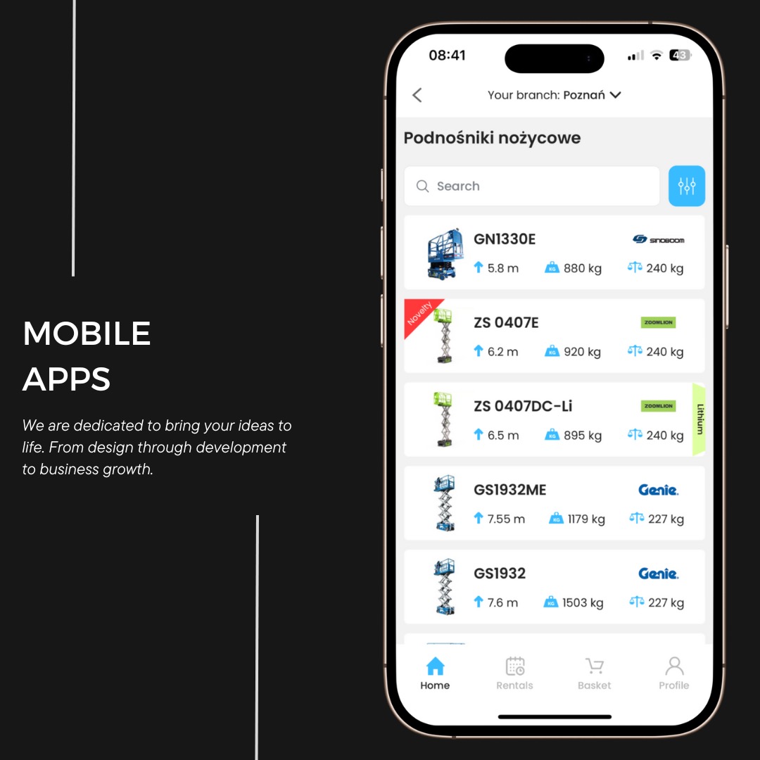 Ekran smartfona prezentujący interfejs aplikacji mobilnej do wynajmu podnośników nożycowych, z listą modeli i ich specyfikacjami, w tym wysokością podnoszenia i wagą.