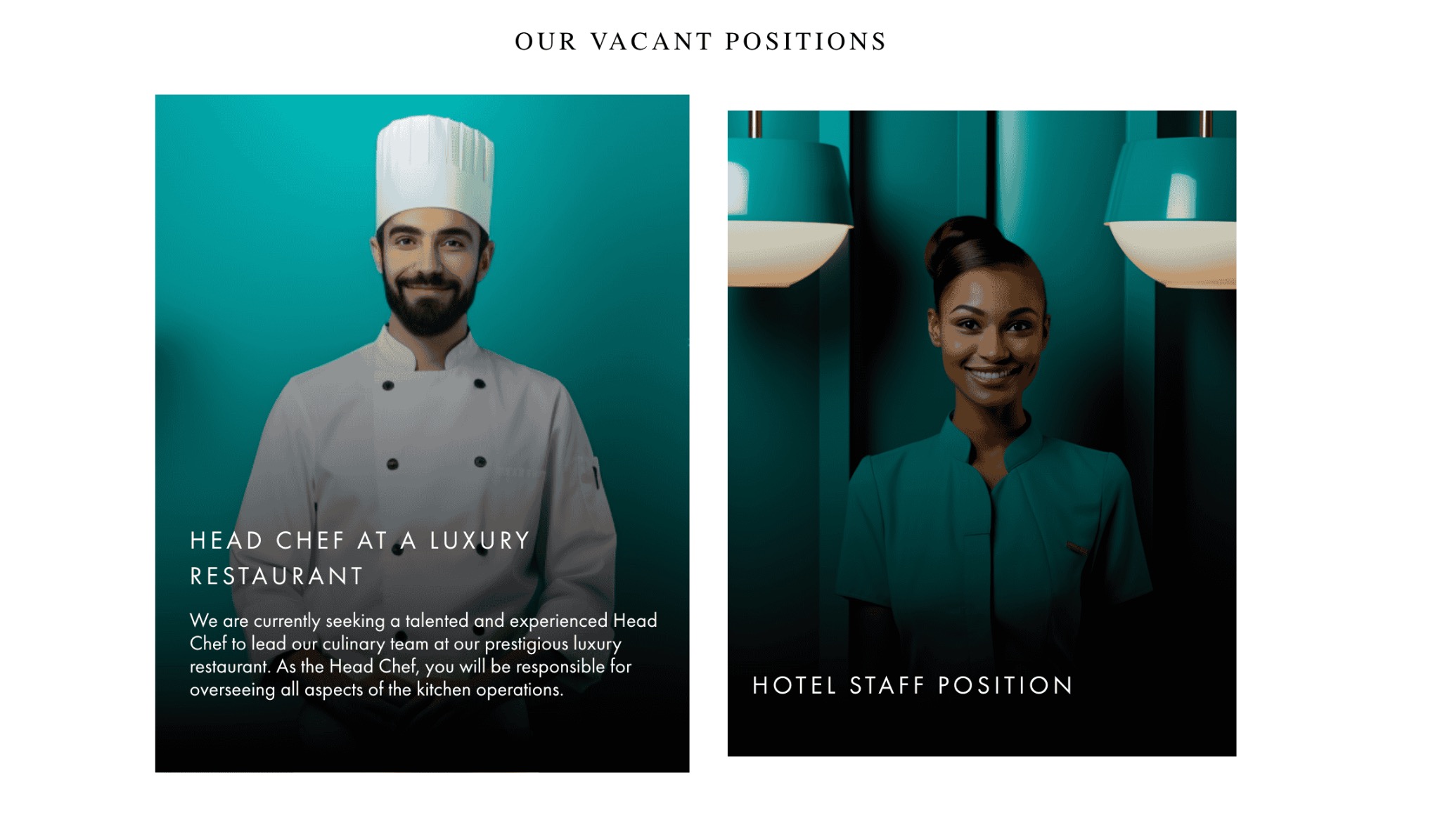 Dwie fotografie: po lewej uśmiechnięty kucharz w białym uniformie i czapce na tle turkusowego tła, po prawej uśmiechnięta recepcjonistka w zielonym uniformie pod lampą na tle zielonej ściany...