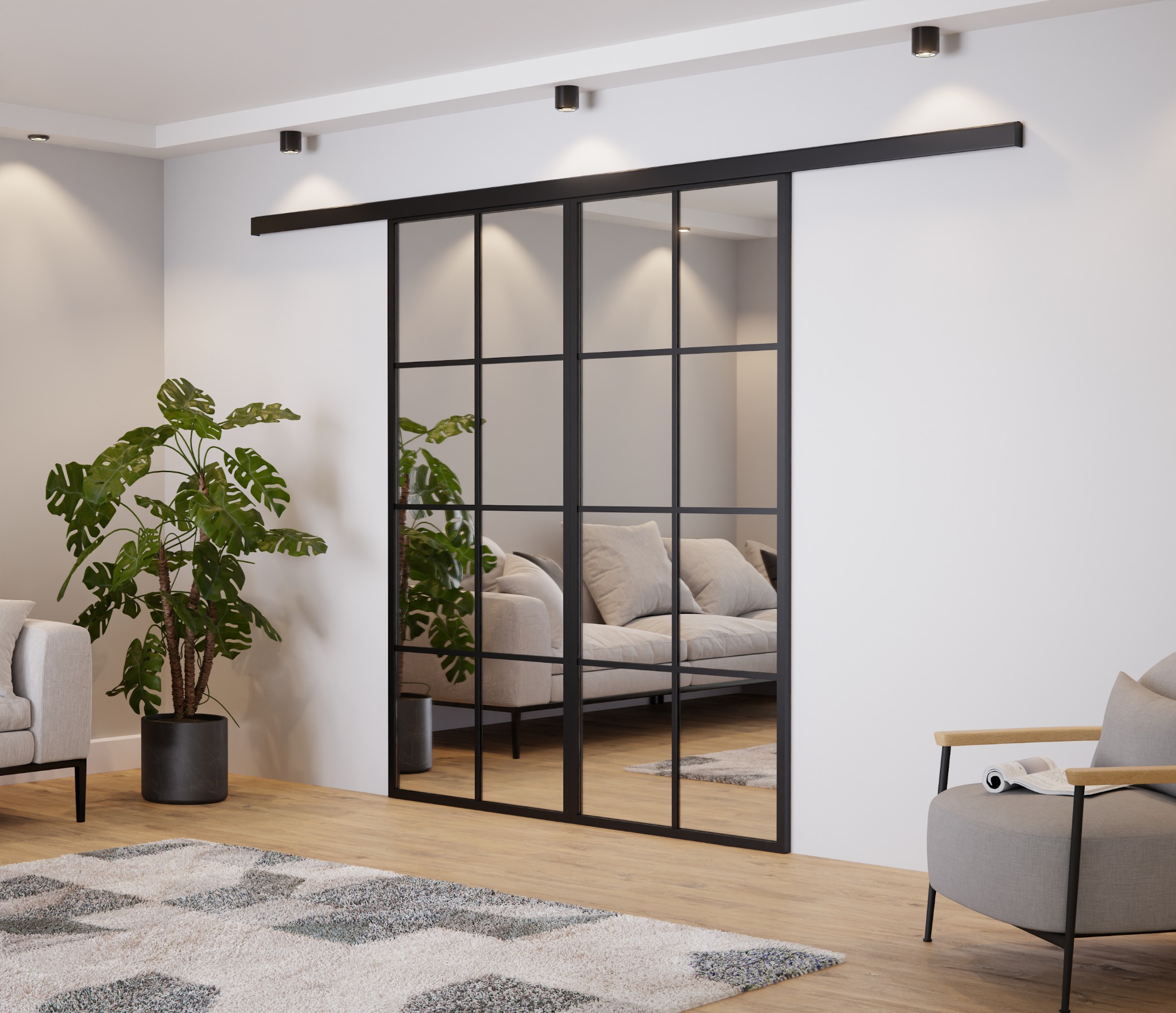 Nowoczesne, przesuwne drzwi szklane z czarną ramą w minimalistycznym wnętrzu, z widocznym salonem w tle, dywanem w geometryczne wzory i roślinami doniczkowymi.
