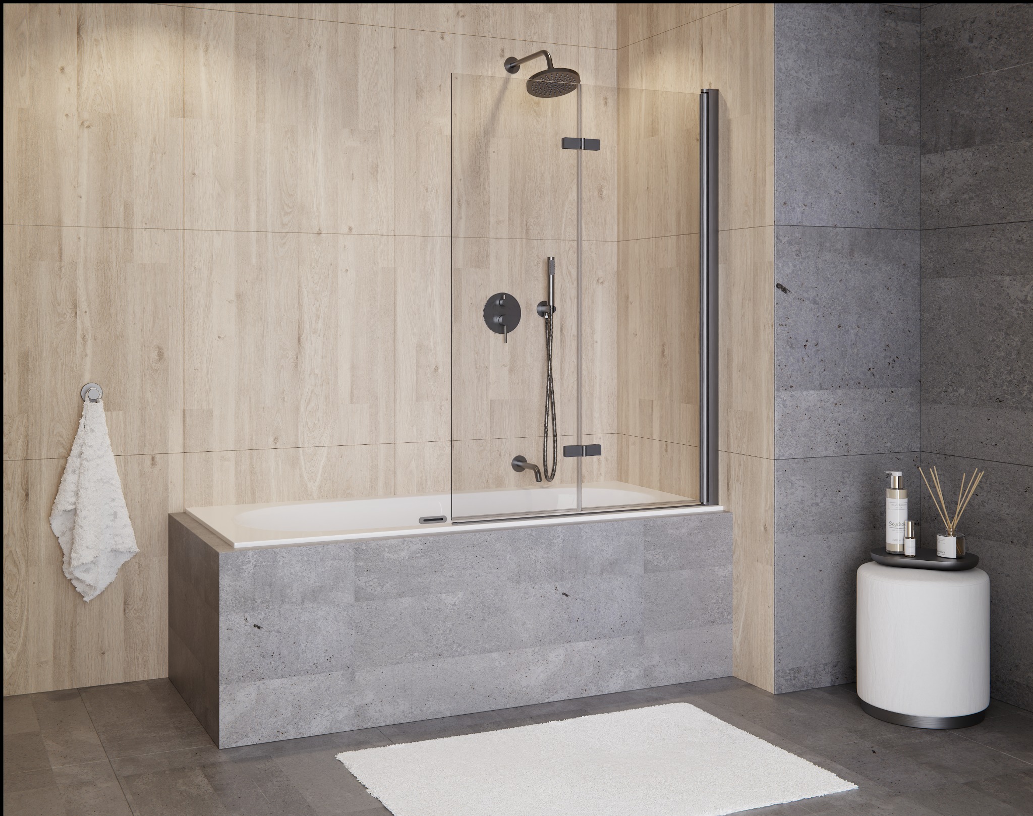 Nowoczesna łazienka z wanną obudowaną szarym kamieniem, przeszklonym parawanem nawannowym, drewnopodobnymi płytkami na ścianie i czarną armaturą.