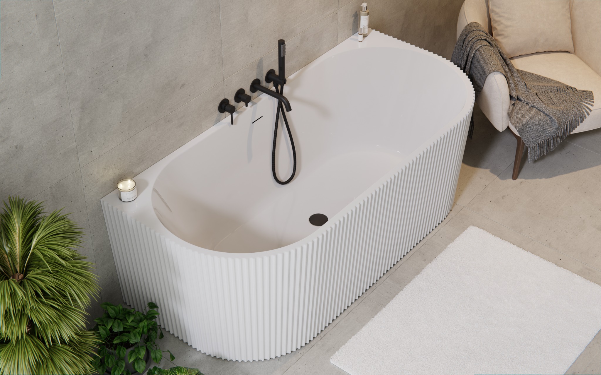 Nowoczesna biała wanna z ryflowanym wykończeniem, czarna armatura, świeca, rośliny doniczkowe i beżowy fotel z pledem w tle, widok z góry.