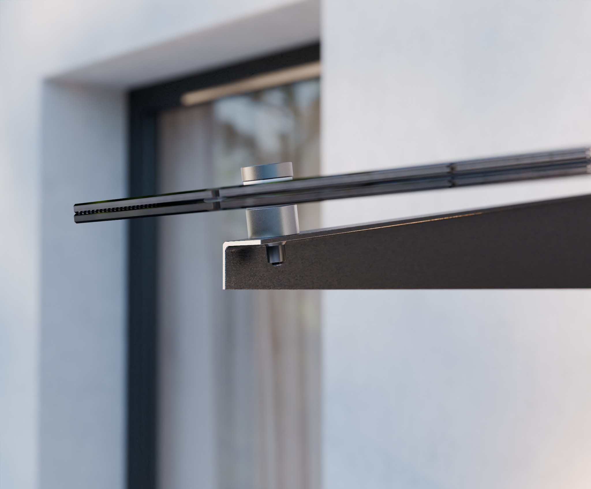 Szklany daszek nad wejściem, mocowany na metalowych wspornikach, widok z bliska na detal mocowania.