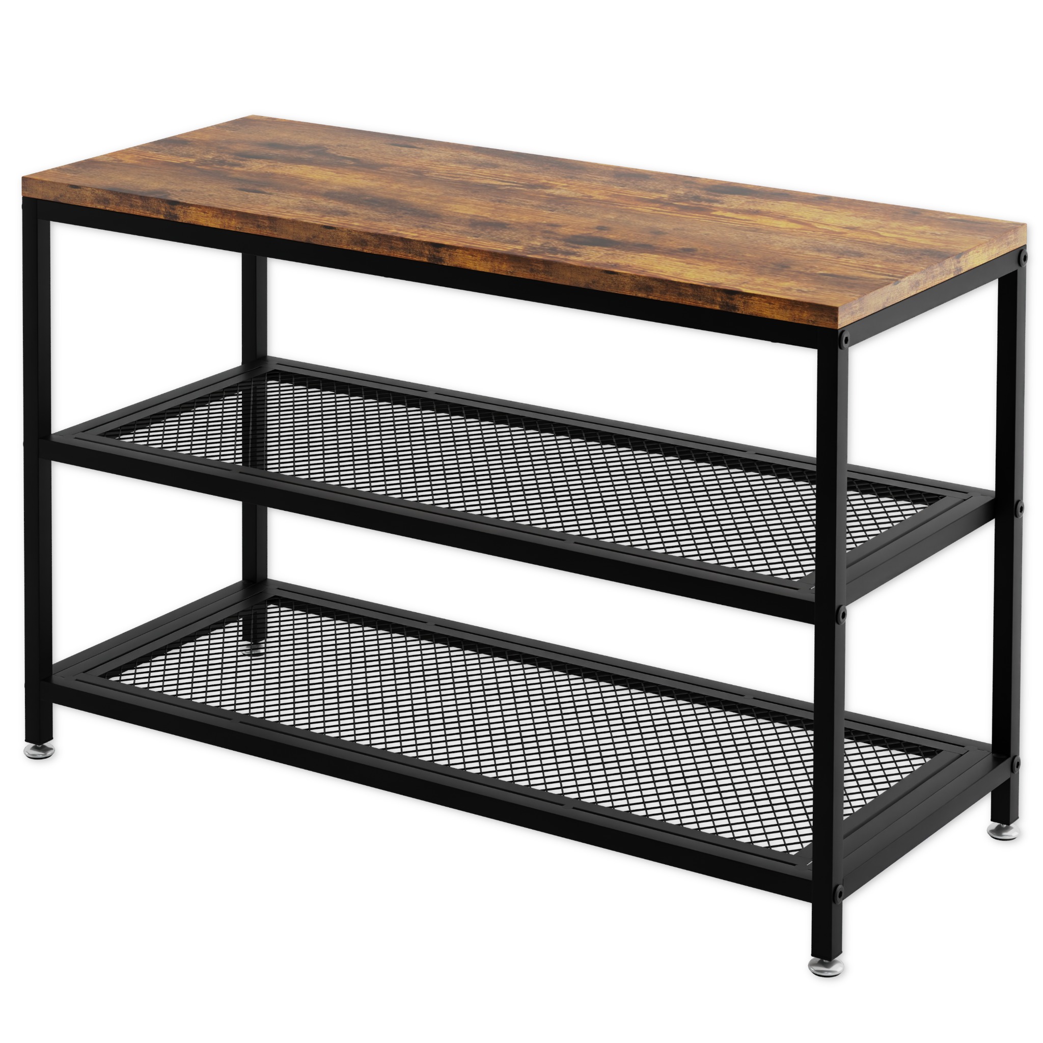Metalowa konsola z dwoma półkami z siatki i blatem z drewna w stylu rustykalnym, na białym tle.