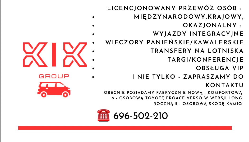 Grafika reklamowa firmy transportowej XIX Group oferującej licencjonowany przewóz osób, transfery na lotniska, obsługę VIP, wyjazdy integracyjne, wieczory panieńskie/kawalerskie, transport...
