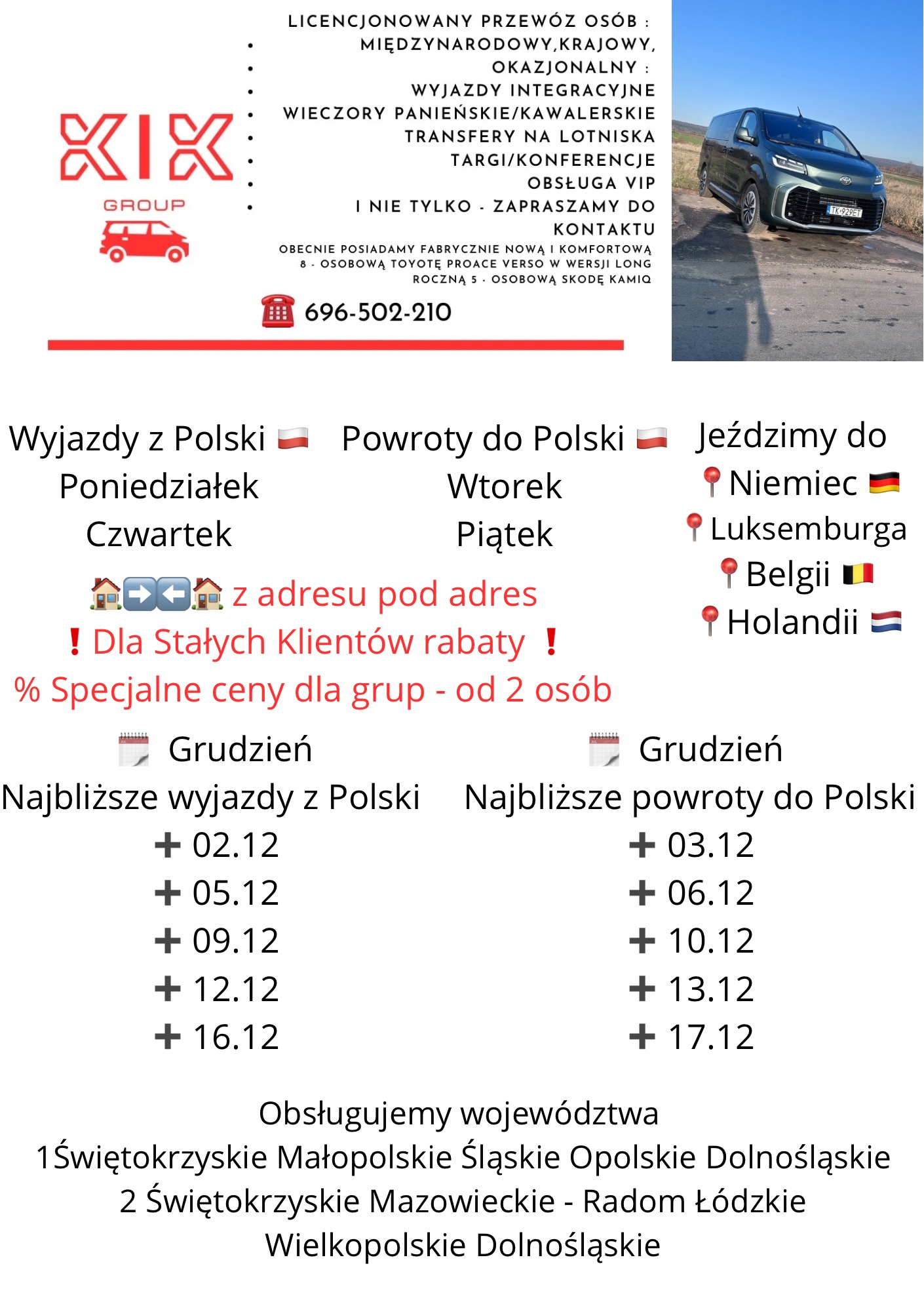 Zdjęcie reklamowe firmy transportowej: zielony van Toyota Proace Verso zaparkowany na poboczu, logo firmy w lewym górnym rogu, informacje o wyjazdach do Polski i z Polski oraz obsługiwanych...