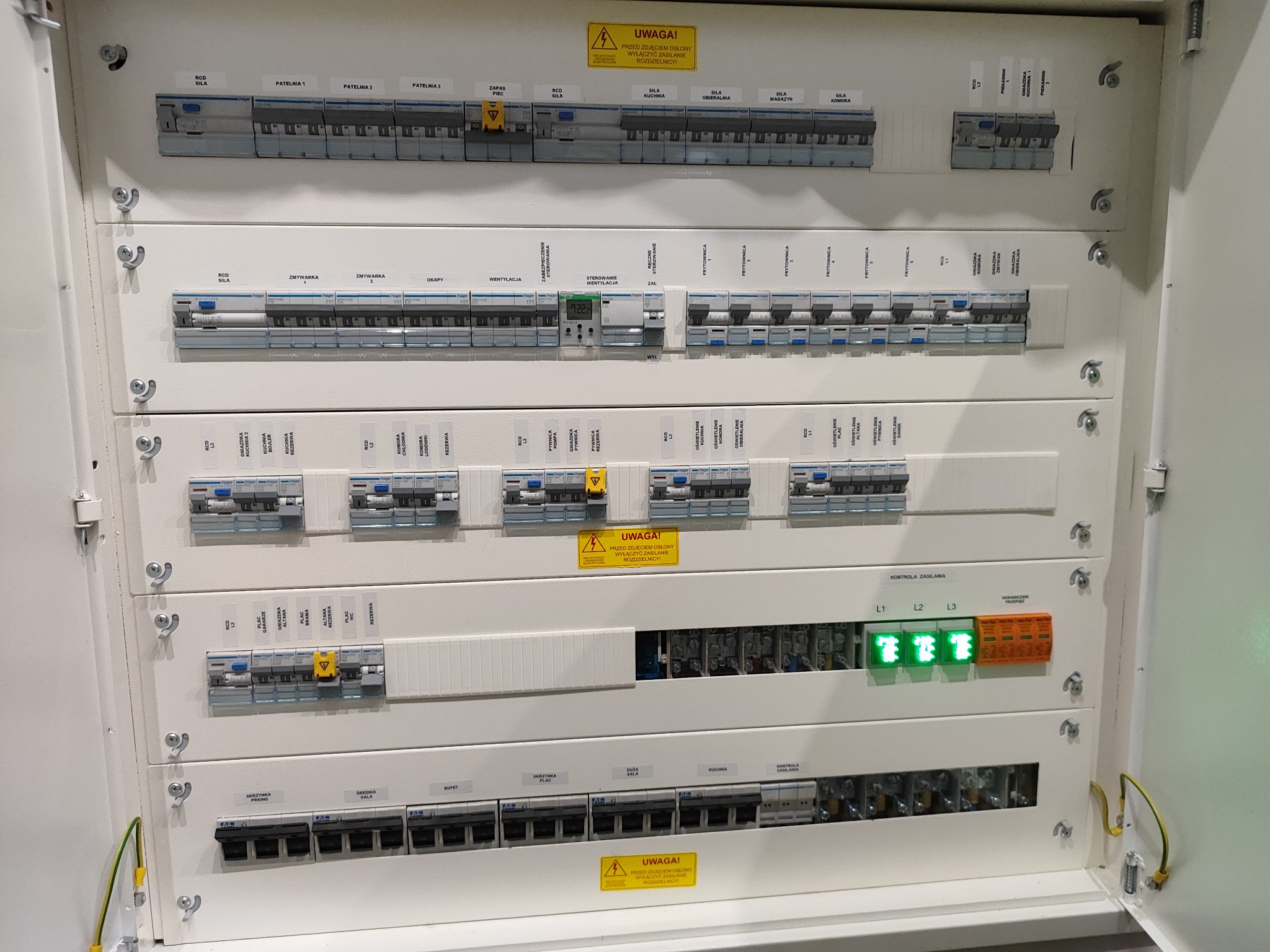 Rozdzielnica elektryczna z bezpiecznikami i oznaczeniami obwodów, widoczne kontrolki zasilania L1, L2, L3. Tabliczka ostrzegawcza o wyłączeniu zasilania.
