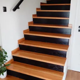 Nowoczesne schody z drewnianymi stopniami w odcieniu jasnego dębu i czarnymi podstopnicami, z minimalistyczną czarną balustradą i roślinami doniczkowymi na górze i dole biegu.