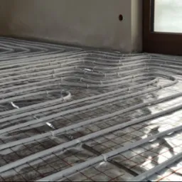 Szare rury ogrzewania podłogowego ułożone na srebrnej folii izolacyjnej w pomieszczeniu w Więcborku, widoczne mocowania i fragment okna.