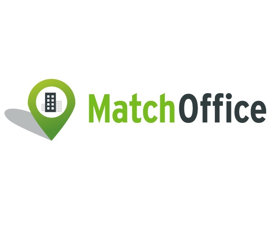 Logo MatchOffice z zielonym znacznikiem lokalizacji zawierającym ikonę budynku i napisem w kolorach zielonym i szarym.