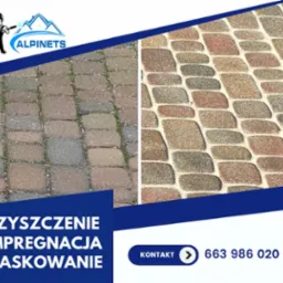 Kostka brukowa przed i po czyszczeniu w Bojanowie, prezentacja efektu impregnacji i piaskowania.