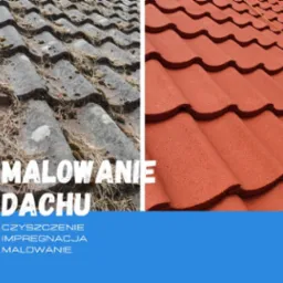 Porównanie dachu przed i po renowacji: po lewej stronie stara, zabrudzona dachówka z mchem i resztkami roślinności, po prawej nowa, pomalowana dachówka w kolorze ceglastym, z widocznym logo firmy...