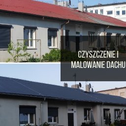 ALPINETS Tomasz Swojak - Porównanie dachu przed i po renowacji: od czerwonego, pokrytego mchem do gładkiego, ciemnogranatowego. Budynek z szarą elewacją i roletami zewnętrznymi.