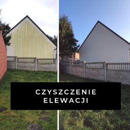 ALPINETS Tomasz Swojak - Porównanie elewacji domu przed i po czyszczeniu, widoczne różnice w kolorze i czystości ściany, ogrodzenie z betonowych przęseł.
