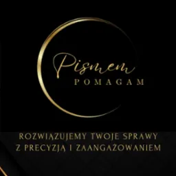 Eleganckie logo firmy oferującej pomoc w rozwiązywaniu spraw, z napisem 'Pismem Pomagam' w złotym okręgu na czarnym tle z geometrycznymi wzorami.