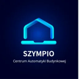 Logo firmy SZYMPIO, centrum automatyki budynkowej, przedstawia stylizowany niebieski obrys domu na ciemnoniebieskim tle.