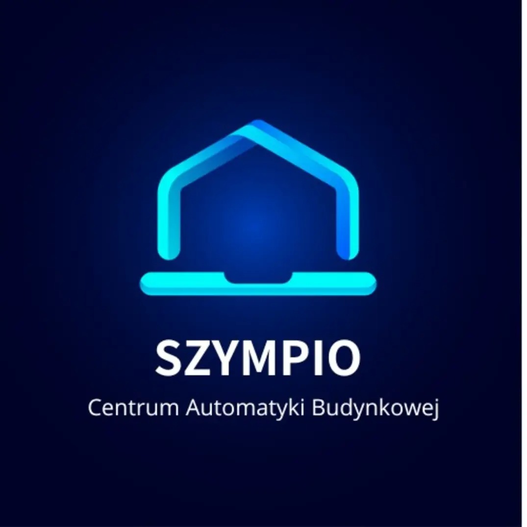 Logo firmy SZYMPIO, centrum automatyki budynkowej, przedstawia stylizowany niebieski obrys domu na ciemnoniebieskim tle.