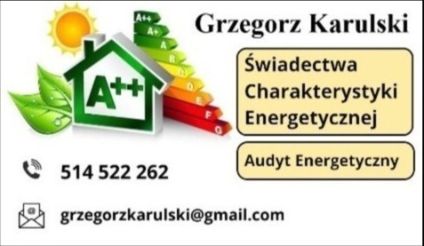 Wizytówka z informacjami kontaktowymi i ofertą usług: świadectwa charakterystyki energetycznej i audyt energetyczny. Grafika z domem o klasie energetycznej A++ i zielonymi liśćmi.
