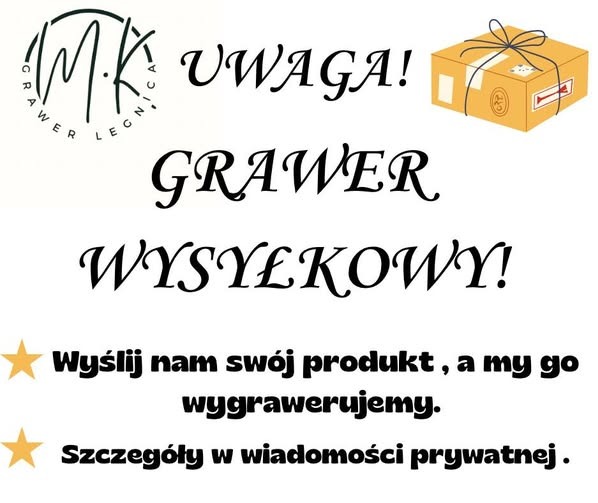 Grafika reklamowa firmy MK Grawer Legnica oferującej grawer wysyłkowy, z ilustracją paczki.