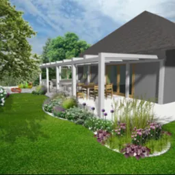 Wizualizacja ogrodu z tarasem i pergolą, widok na starannie zaprojektowane rabaty kwiatowe z fioletowymi i białymi kwiatami, na trawniku zabawki dla dzieci.