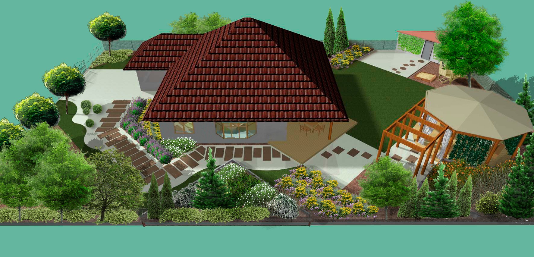Projekt ogrodu z wizualizacją 3D domu z czerwonym dachem, schodów z kamienia prowadzących do wejścia, rabat kwiatowych, trawnika, altany z zadaszeniem i budynku gospodarczego z zieloną ścianą.
