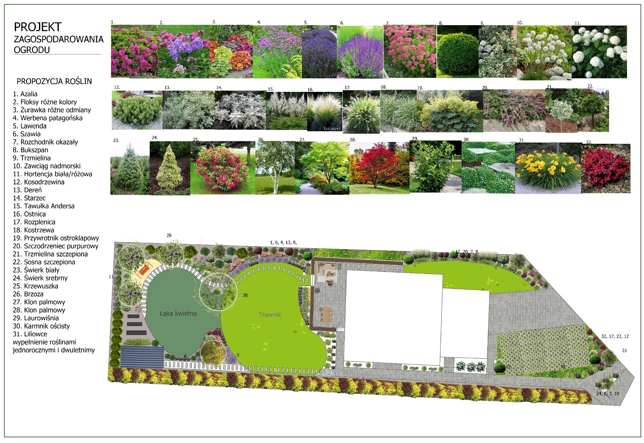 Plan zagospodarowania ogrodu z propozycją nasadzeń roślinnych, w tym azalii, floksów, żurawek, werbeny, lawendy, szałwii, rozchodnika, bukszpanu, trzmieliny, hortensji i innych, z uwzględnieniem...