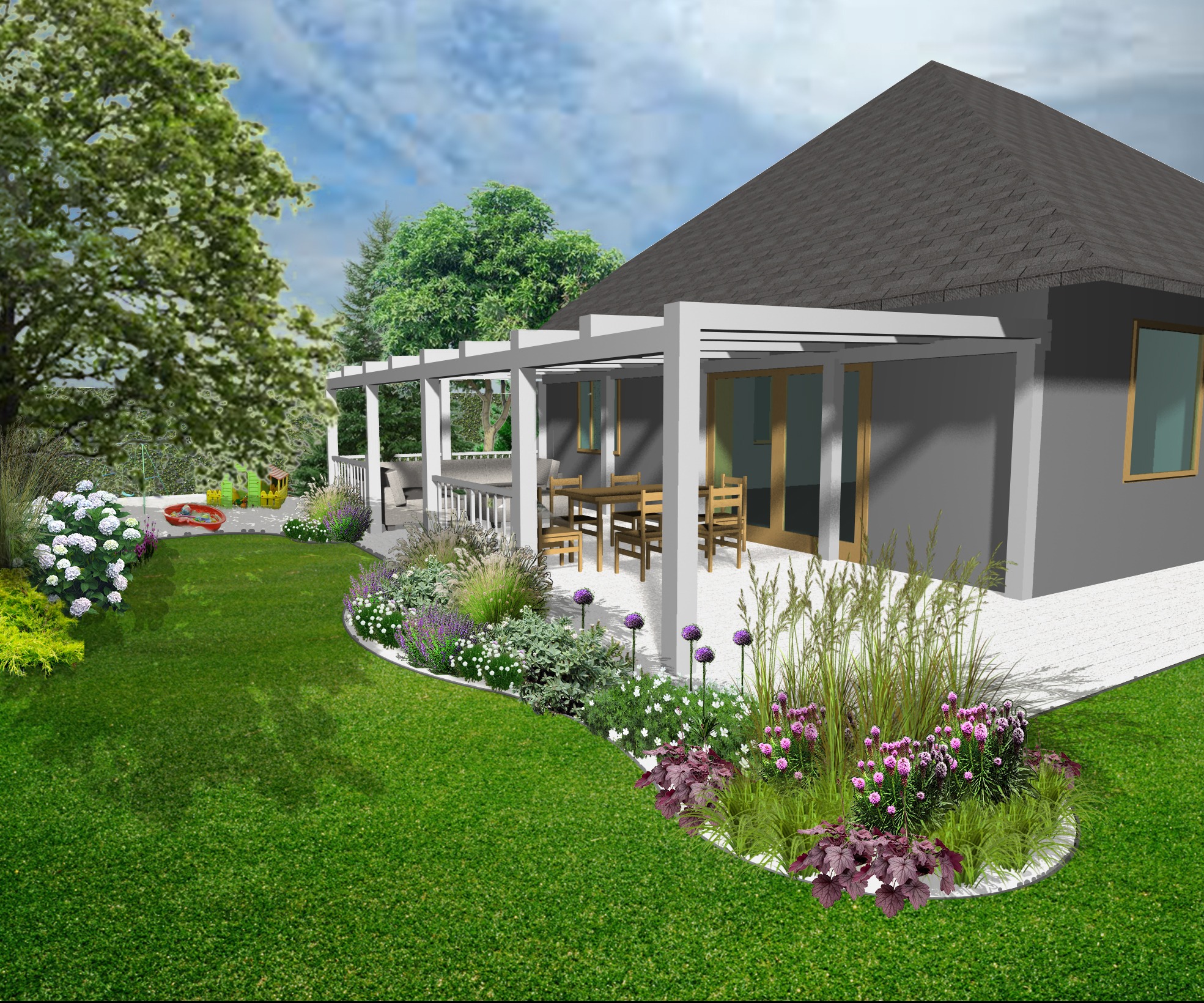 Wizualizacja ogrodu z tarasem i pergolą, widok na starannie zaprojektowane rabaty kwiatowe z fioletowymi i białymi kwiatami, na trawniku zabawki dla dzieci.