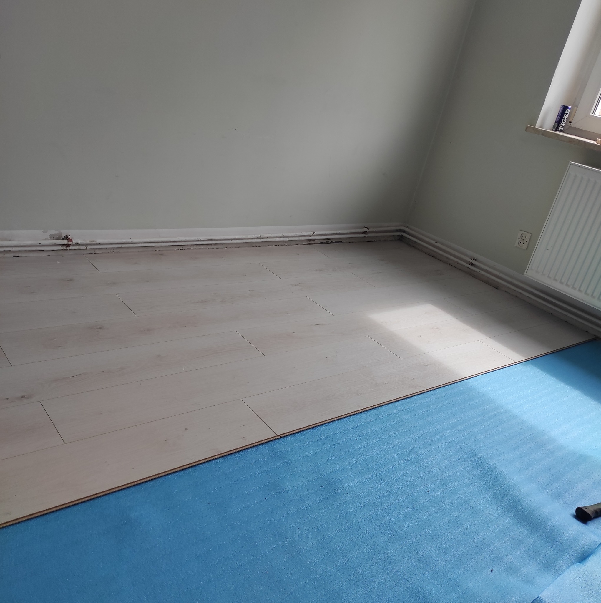 Fragment pokoju w trakcie układania jasnych paneli podłogowych na niebieskim podkładzie, widoczne niedoskonałości ściany i rur grzewczych.