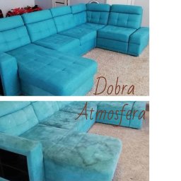 Sviatlana Tkachova Dobra atmosfera - Turkusowa narożna kanapa przed i po czyszczeniu. Widoczne wyraźne różnice w czystości tapicerki, szczególnie na dolnym ujęciu.