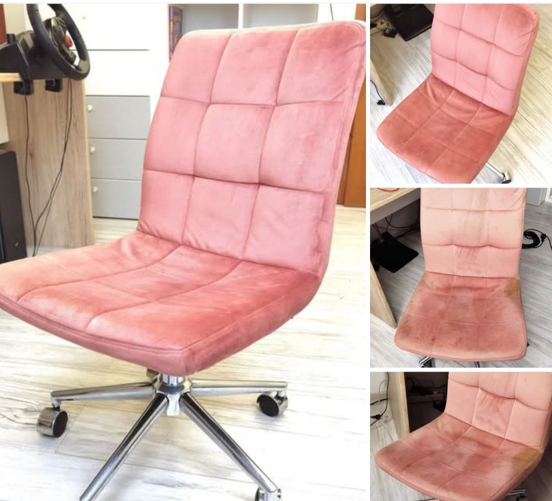 Różowy, tapicerowany fotel biurowy na kółkach, z widocznymi różnicami w czystości tapicerki przed i po praniu, układ kolażowy