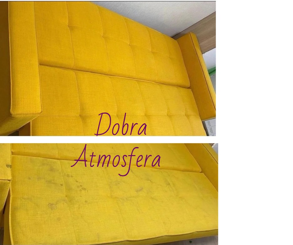 Żółta kanapa przed i po czyszczeniu, widoczne plamy i różnica w kolorze, perspektywa z góry, napis 'Dobra Atmosfera' nałożony na zdjęcie.