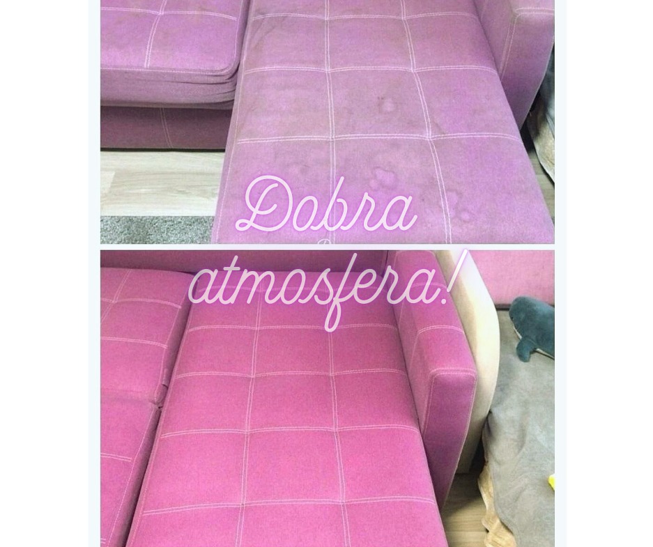 Różowa sofa modułowa przed i po praniu tapicerki, widoczne plamy na górnym zdjęciu oraz czysta powierzchnia na dolnym zdjęciu, napis 'Dobra atmosfera!'