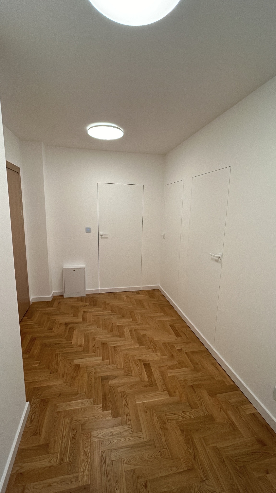 Wykończone wnętrze: parkiet w jodełkę, białe ściany z ukrytymi drzwiami i minimalistycznym oświetleniem sufitowym.