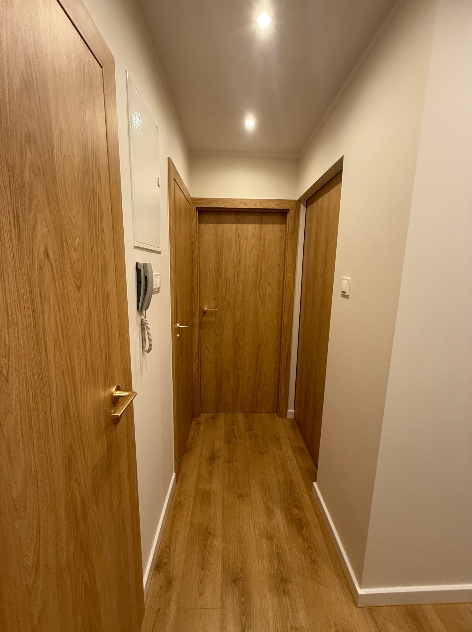 Korytarz po remoncie z panelami podłogowymi imitującymi drewno i trzema drewnianymi drzwiami z złotymi klamkami, jasne ściany i oświetlenie punktowe.