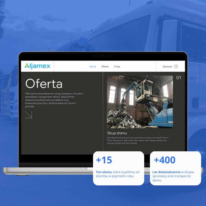 Strona internetowa firmy Aliamex na laptopie, prezentująca ofertę skupu złomu z ilustracją maszyny w hali.