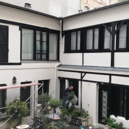 GLAZURA USŁUGI REMONTOWO-BUDOWLANE TOMASZ SZWEDO - Wewnętrzny dziedziniec budynku po odświeżeniu elewacji, widoczne rusztowanie, rośliny doniczkowe i mężczyzna przenoszący roślinę, białe ściany z czarnymi elementami dekoracyjnymi.